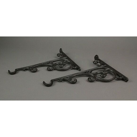 Set of 2 Rustic Brown Cast Iron Scroll Wall Shelf Brackets / Plant Hangers - Picture 3 of 5